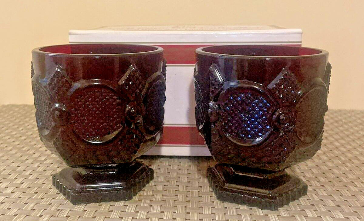 Avon 1876 Cape Cod Footed Tumbler Glasses Ruby Red 8 Oz VTG  Boxed Set Of 2