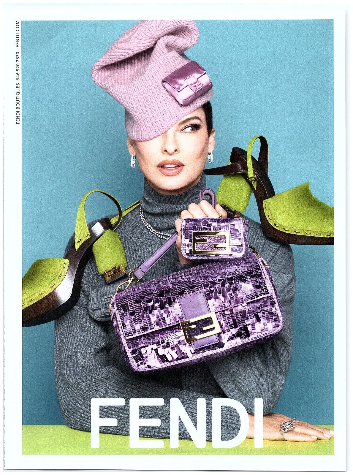 2022 Fendi Print Ad, Linda Evangelista Baguette Handbags Collection Purple Mini