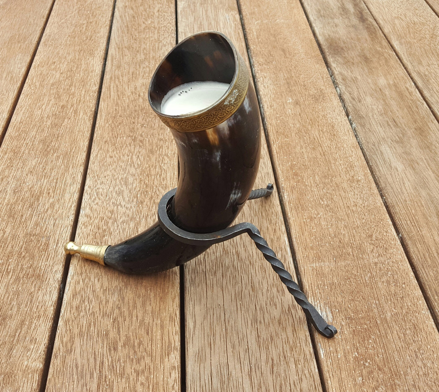 Norwegian viking drinking horn with Celtic brass rim and special brass finial