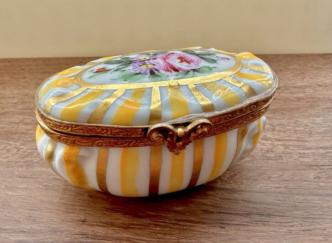 Hand Painted Yellow Gold Striped Floral Vintage Porcelain Limoges Trinket Box
