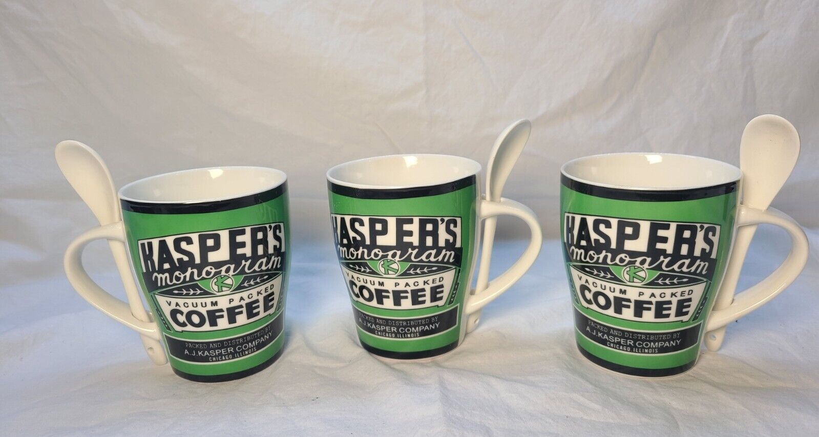 3- Kasper\'s Monogram Vacuum Packed Coffee Vintage 1992 Mug Cups w/ spoons set