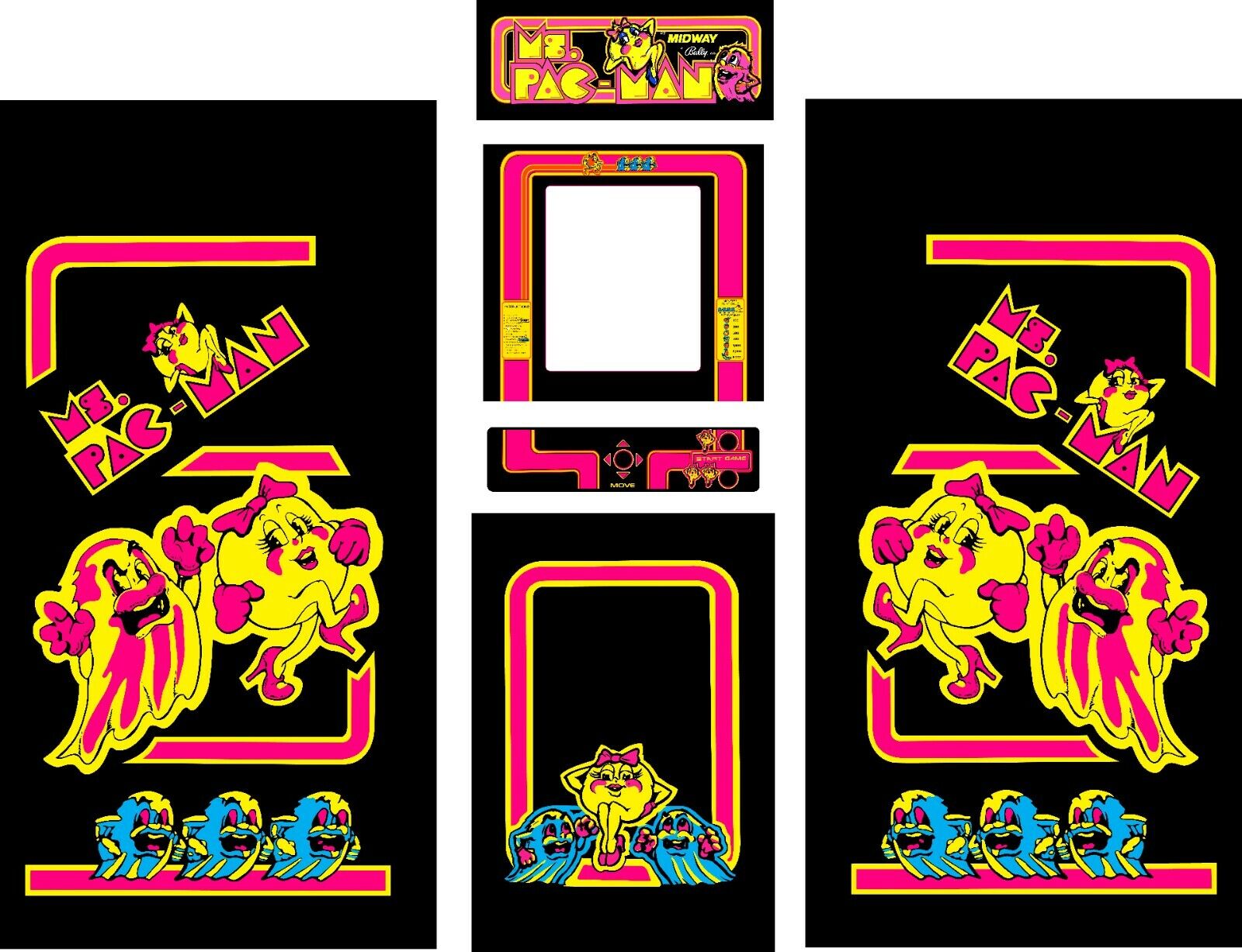 Fits Ms Pac Man Arcade 6 Pc Set Side Art Kickplate Choose Classic Blue Or Black