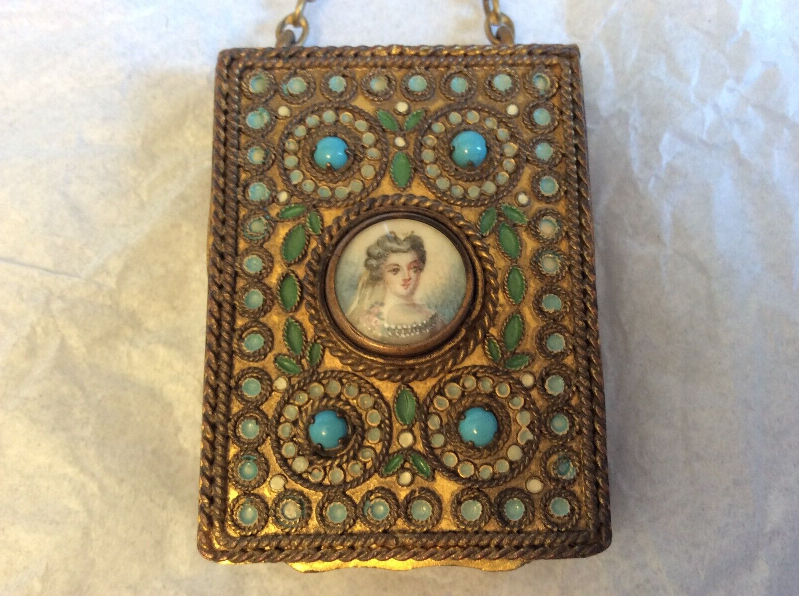 ANTIQUE FRENCH JEWELED ENAMEL FINGER RING H-P PORTRAIT UNDER GLASS COMPACT