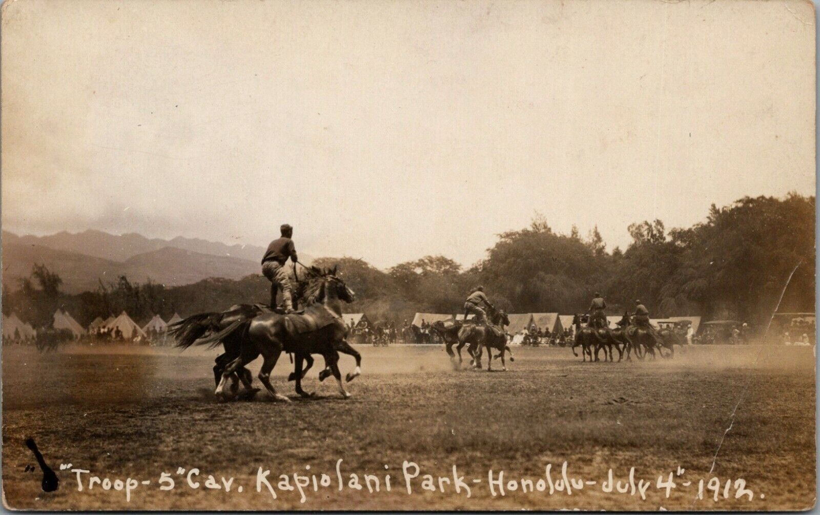 Troop 5 Cavalry Horses Kapiolani Park Honolulu July 4th 1912 RPPC Postcard D38
