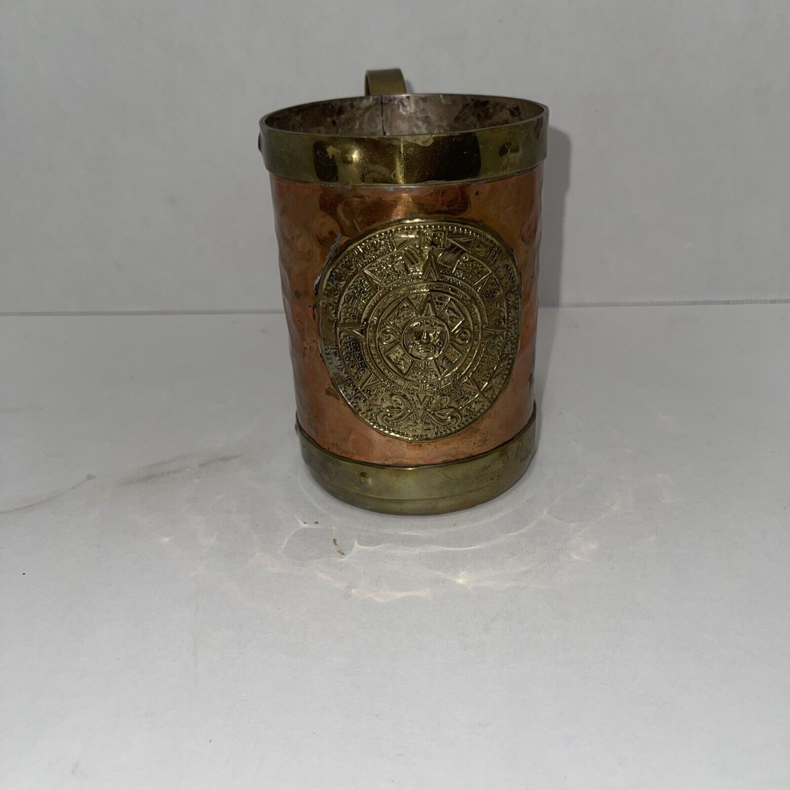 Vintage Hammered Copper/Brass Mug With Handle Mayan Aztec Symbol