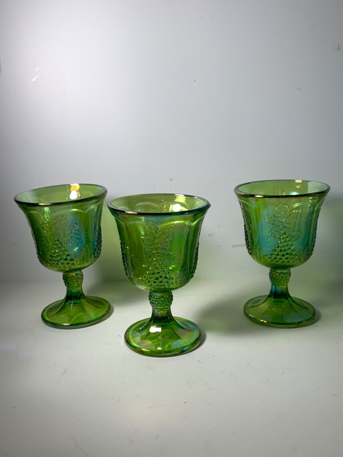 Set of 3 Vintage Indiana Glass Green Carnival Glass Harvest Grape Pattern Goblet