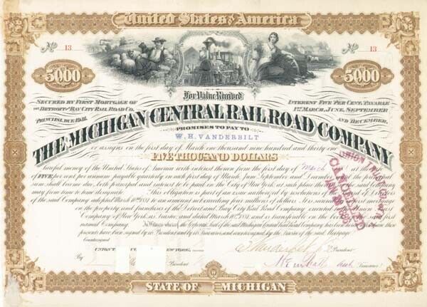 Cornelius Vanderbilt - Michigan Central Railroad - Bond - Autographed Stocks & B