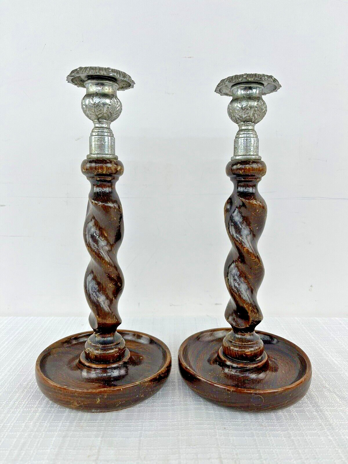 Pair (2) Vintage Wood Barley Twist Candlestick Holders Brass Finish Tops