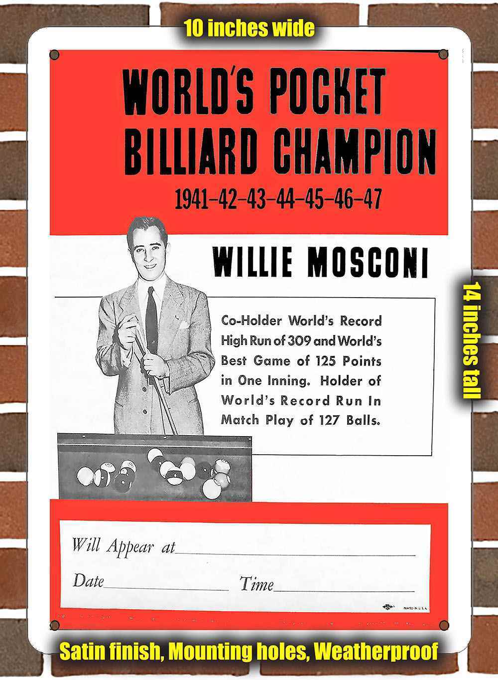 Metal Sign - 1948 Willie Mosconi Billiard Champion- 10x14 inches