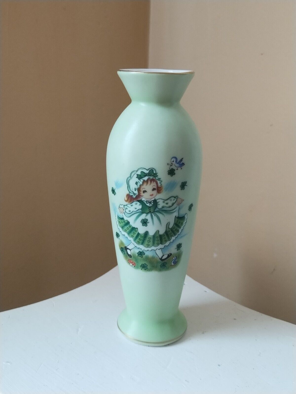 Vtg Lefton Green Bisque Shamrock Girl  ST. PATRICK'S DAY Blue Bird Vase Japan 