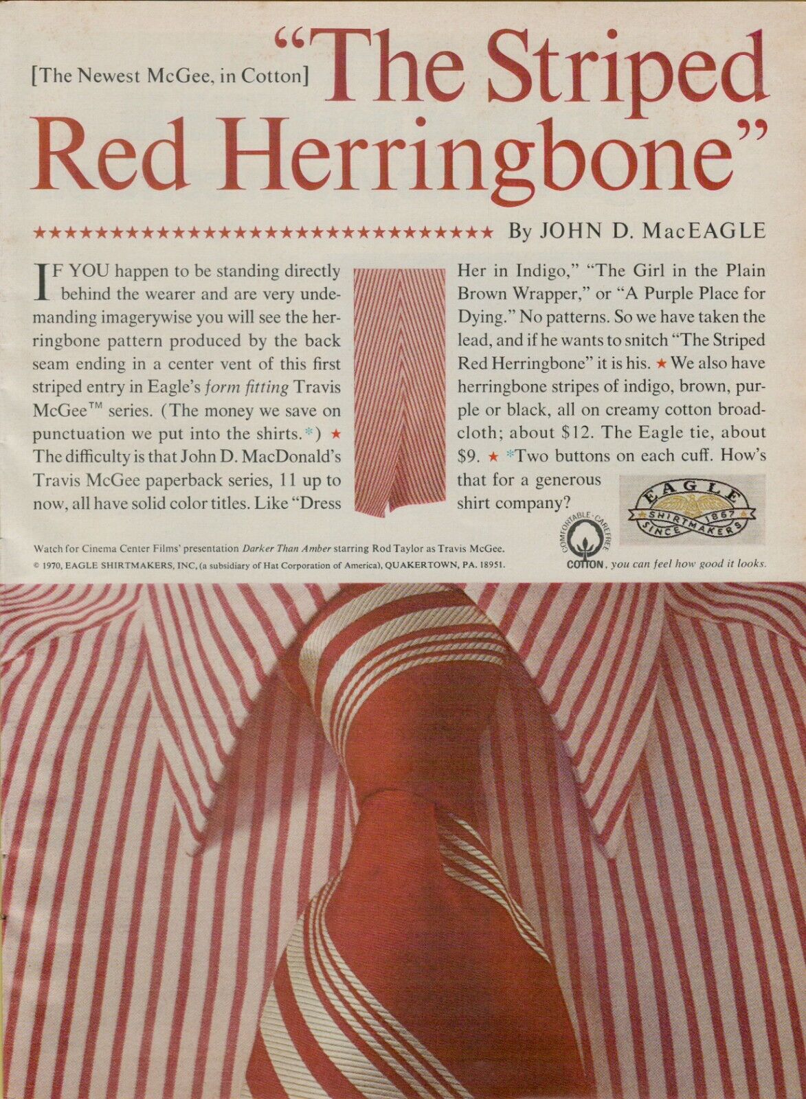 1970 Eagle Shirtmakers The Striped Red Herringbone Travis McGee VINTAGE PRINT AD