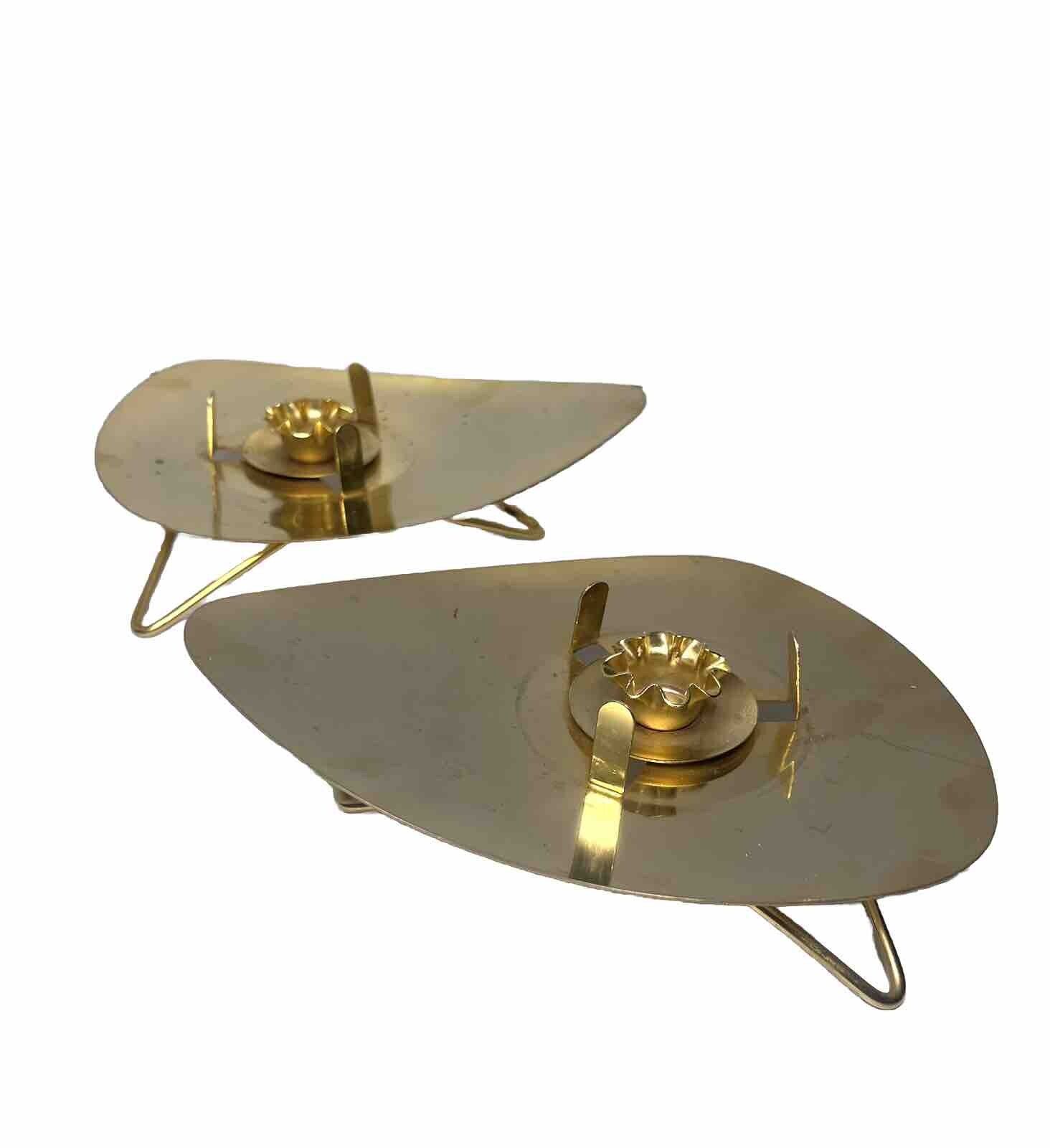 Two Mid-Century Atomic Boomerang Brass Candlestick Holders With Hairpin Legs