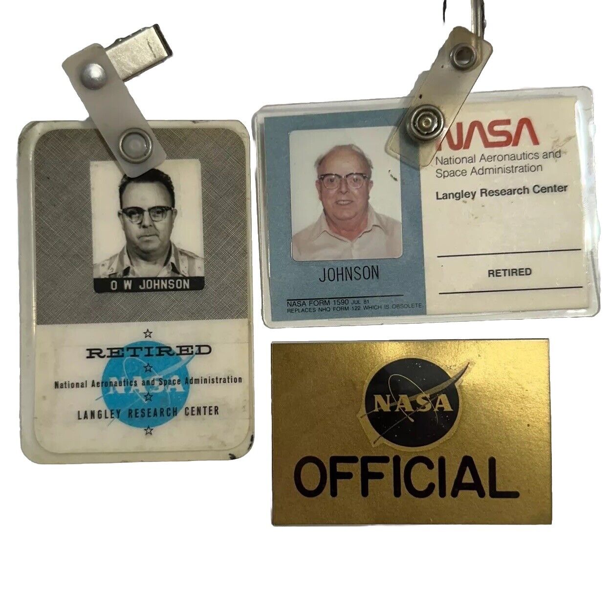 2 Vintage 1968 Obsolete NASA Langley Research Retirement ID Badges + Official