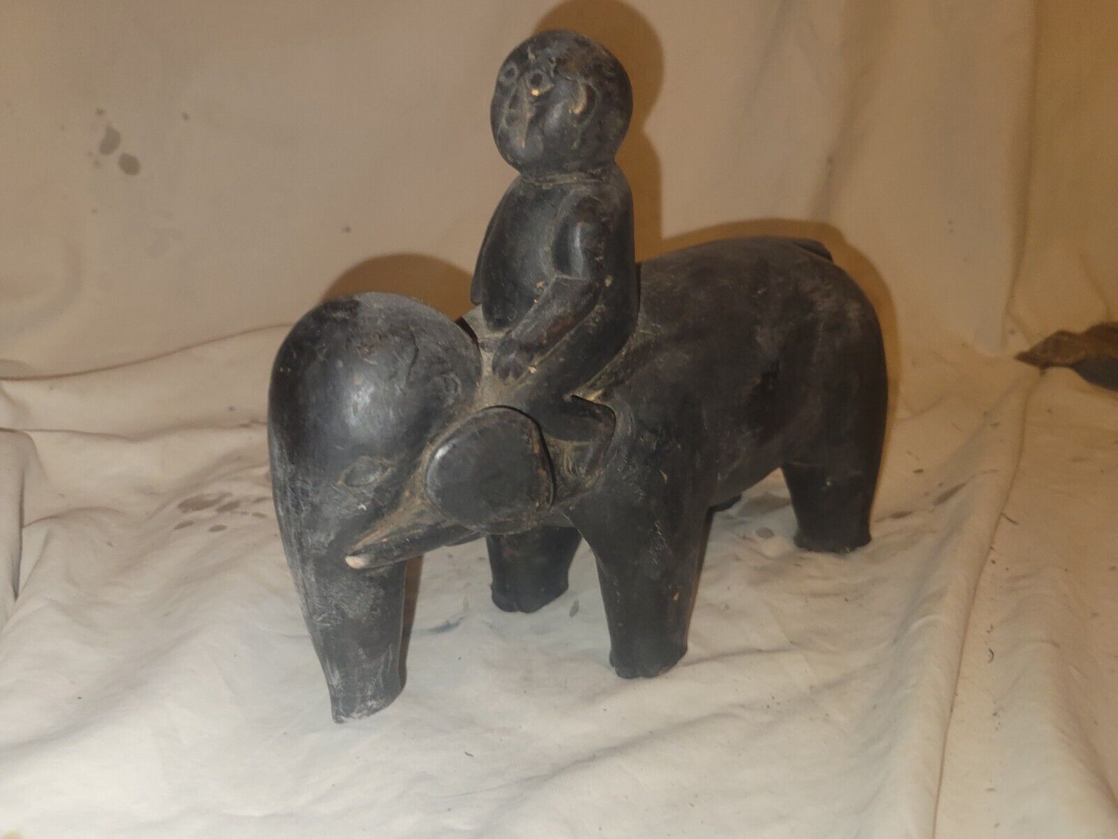  Rare Antique Nepalese Antique Folk Art Hand Carved Elephant and Mahout 1880's
