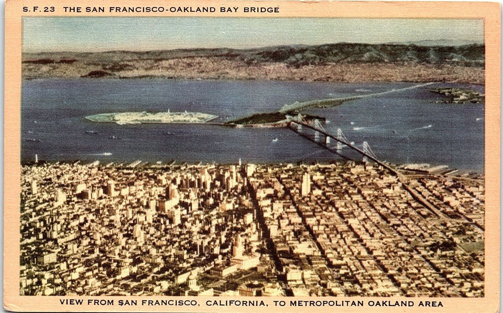 1930s SAN FRANCISCO CALIFORNIA OAKLAND BAY BRIDGE AERIAL LINEN POSTCARD 42-205