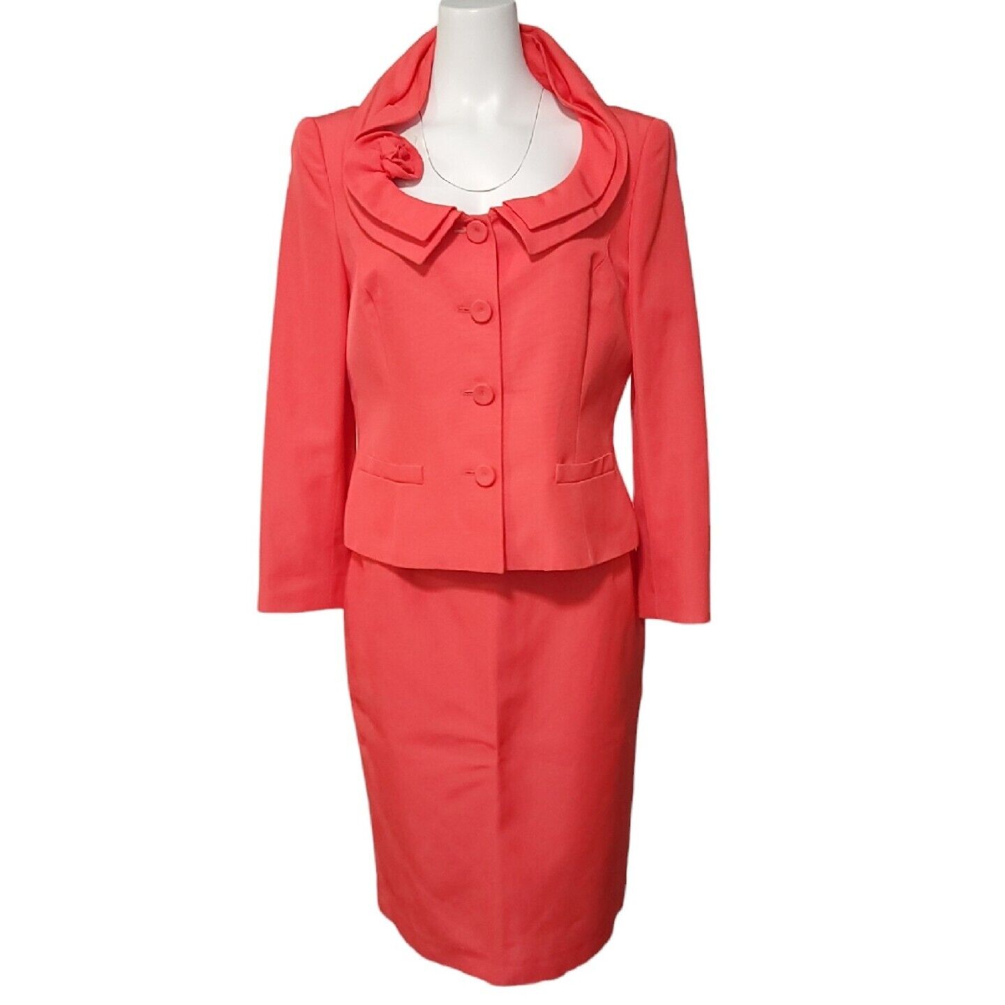 Escada Womens Size 38 40 Coral Orange Jacket Skirt Suit Ruffle Collar 