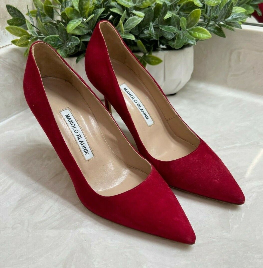 Manolo Blahnik Red Suede BB Pointed Toe Pumps Heels Size 37 (US Size 7)