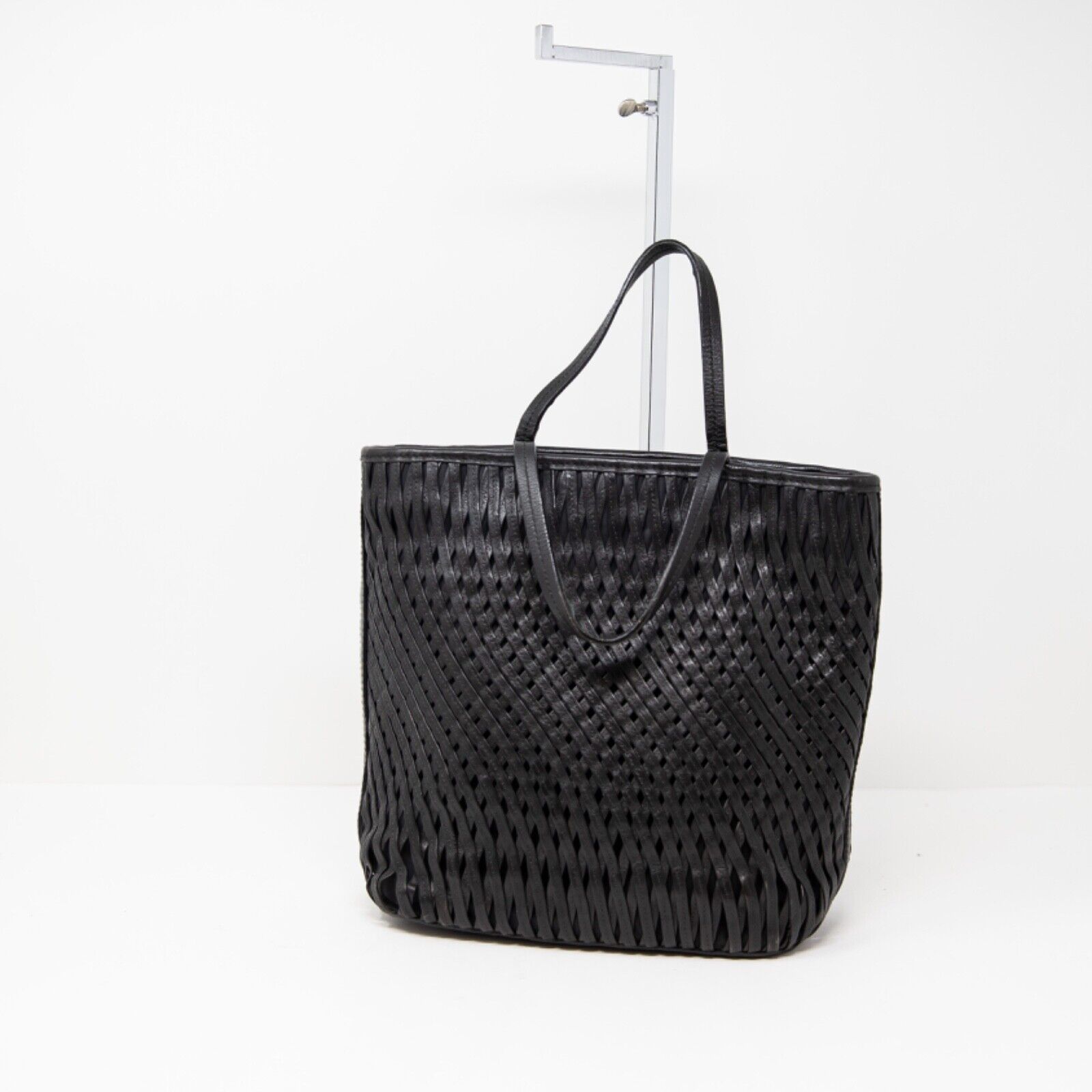 Jil Sander Genuine Leather Woven Knit Shoulder Purse Bag Tote Solid Black Medium