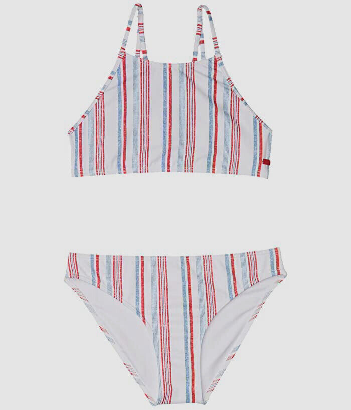 $45 Roxy Girl\'s White Red Stripe Crop Two Piece Bikini Set Swimwear Size 16