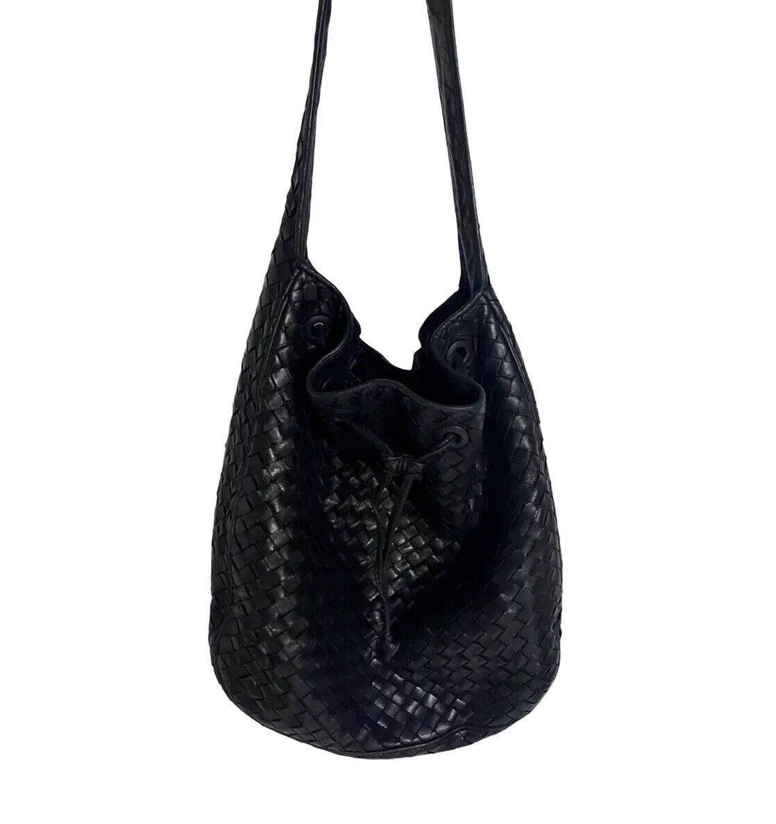 Vintage Bottega Veneta Intrecciato Woven Black Leather Hobo Bag Purse