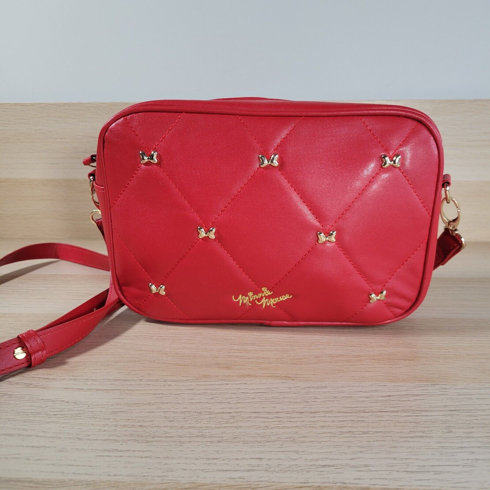 Disney Store Minnie Mouse Crossbody Purse Studded Bows Handbag Vegan Leather Red
