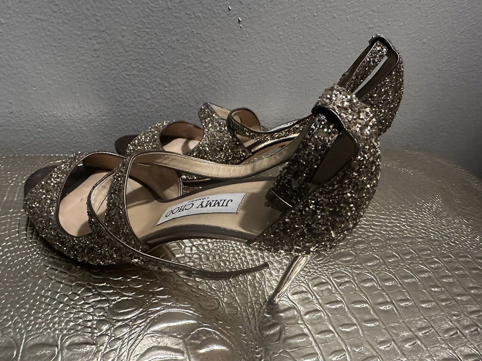 JIMMY CHOO London Gold Authentic Glitter Pump Women Sandals W/Straps Used 37.5