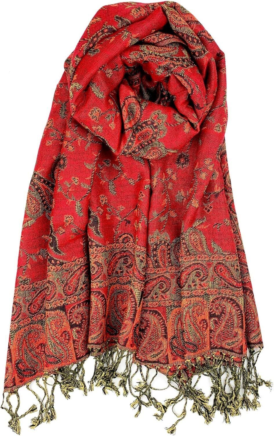 Plum Feathers Pashmina Scarf with Ethnic Tapestry Style Red Floral Paisley 