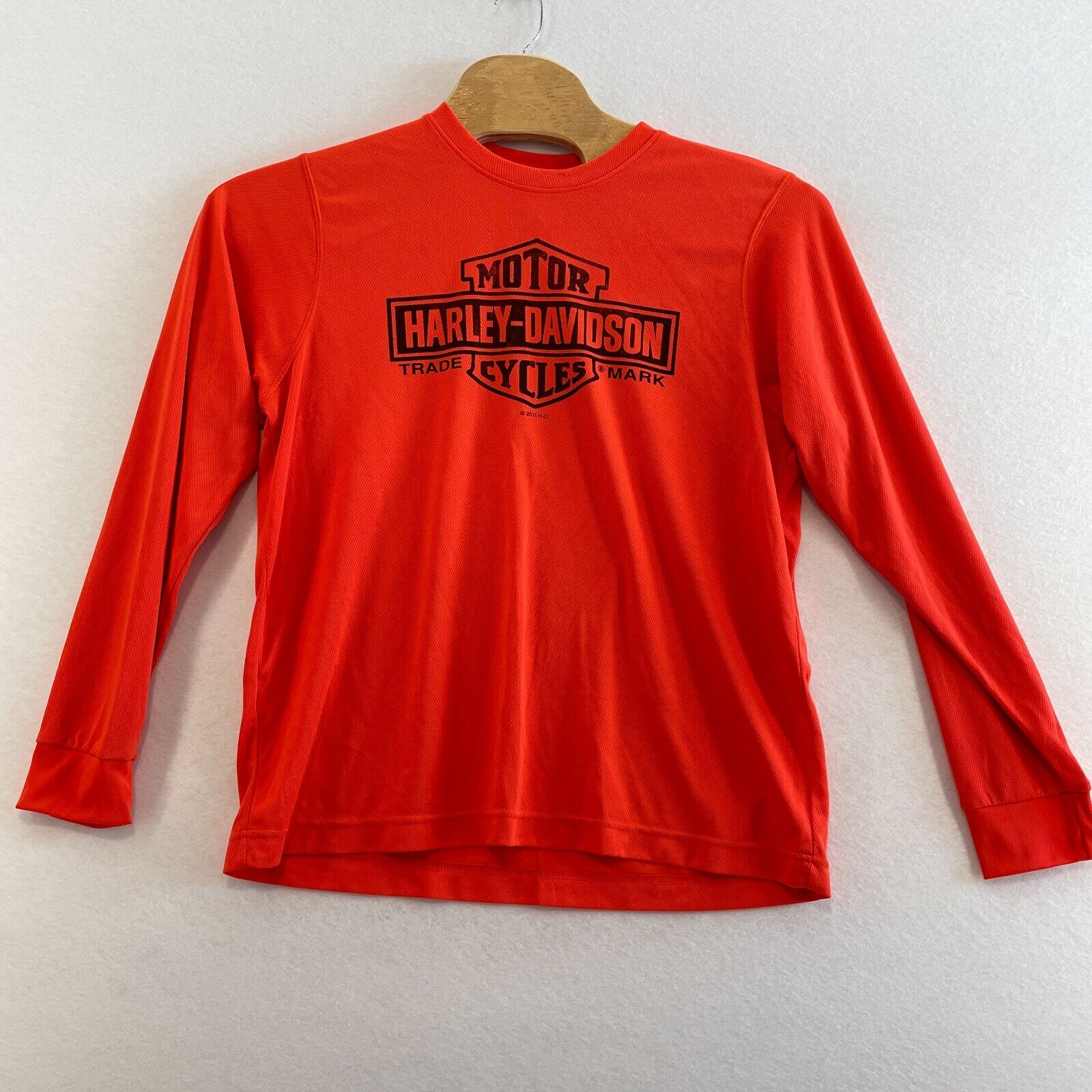 Harley Davidson T-Shirt Men’s Large Orange 100%Polesyter Long Sleeve Crew Neck