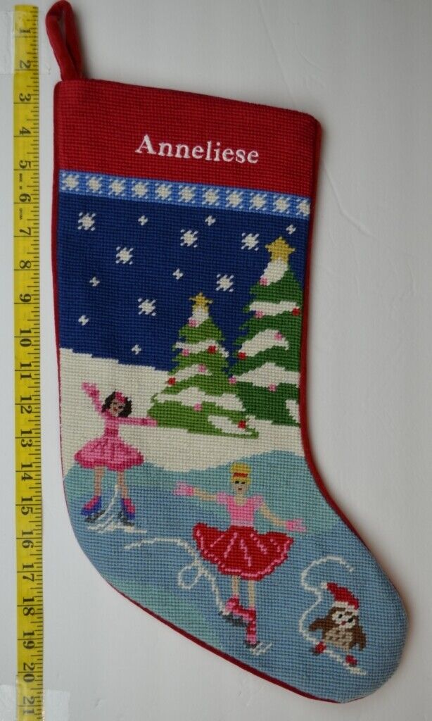 LANDS END Ballerina Wool Needlepoint Christmas Stocking Monogrammed ANNELIESE