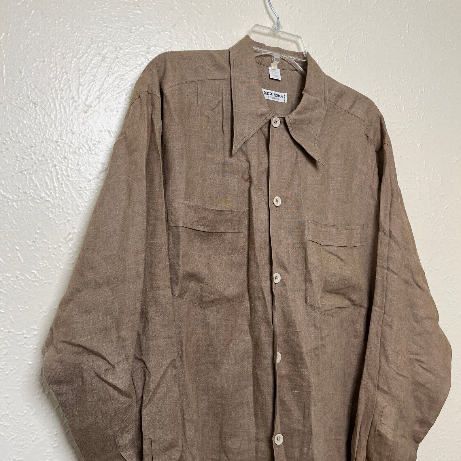 Vintage Giorgio Armani Shirt Mens L Brown Linen Ramie Le Collezioni Long Sleeve