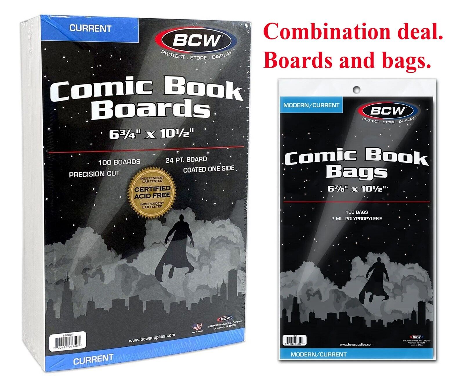 100 BCW Current / Modern Comic Book Bags Sleeves + Acid Free Back Boards New