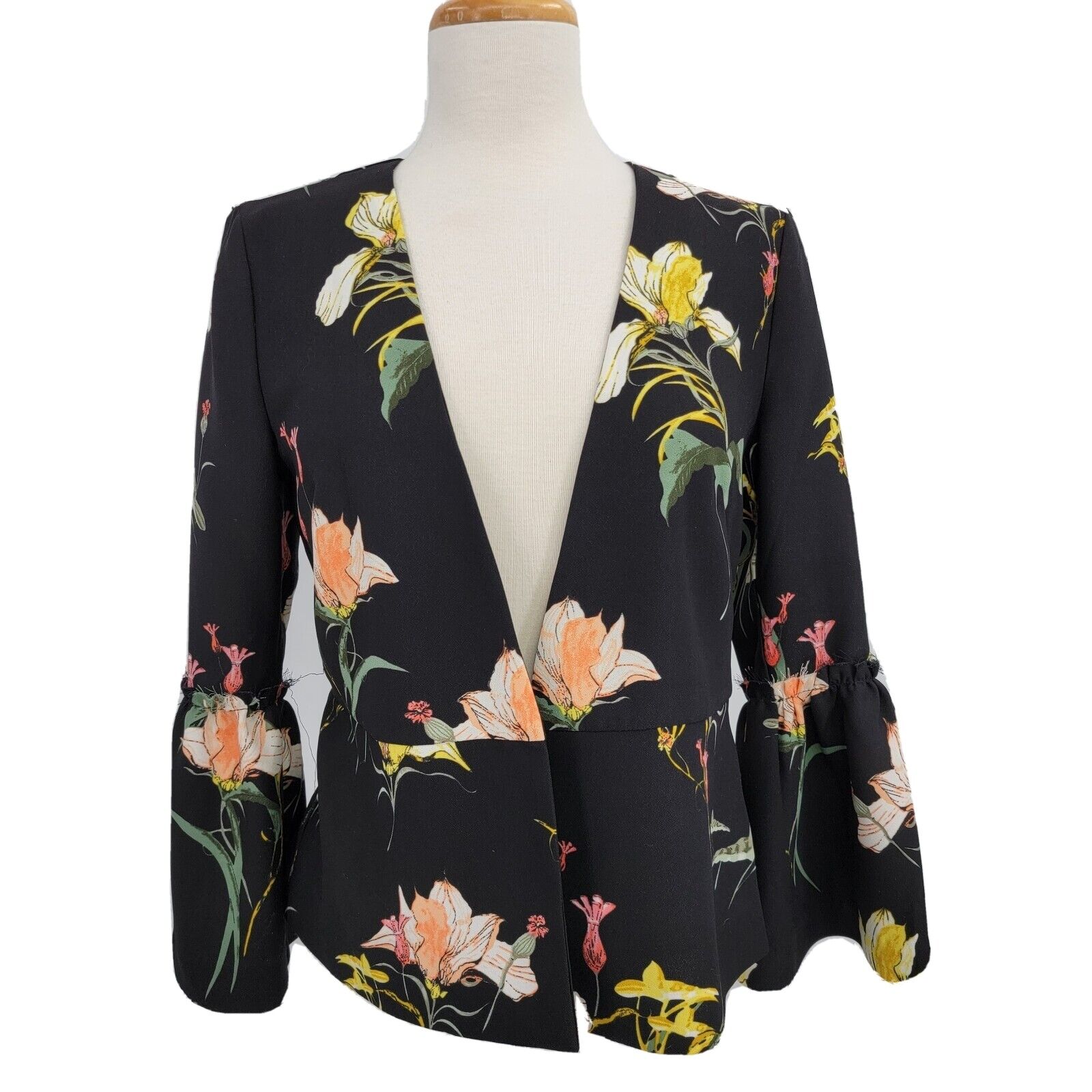 Philosophy Women\'s Small Floral Blazer Ruffle Bell Sleeve Black Raw Hem Jacket