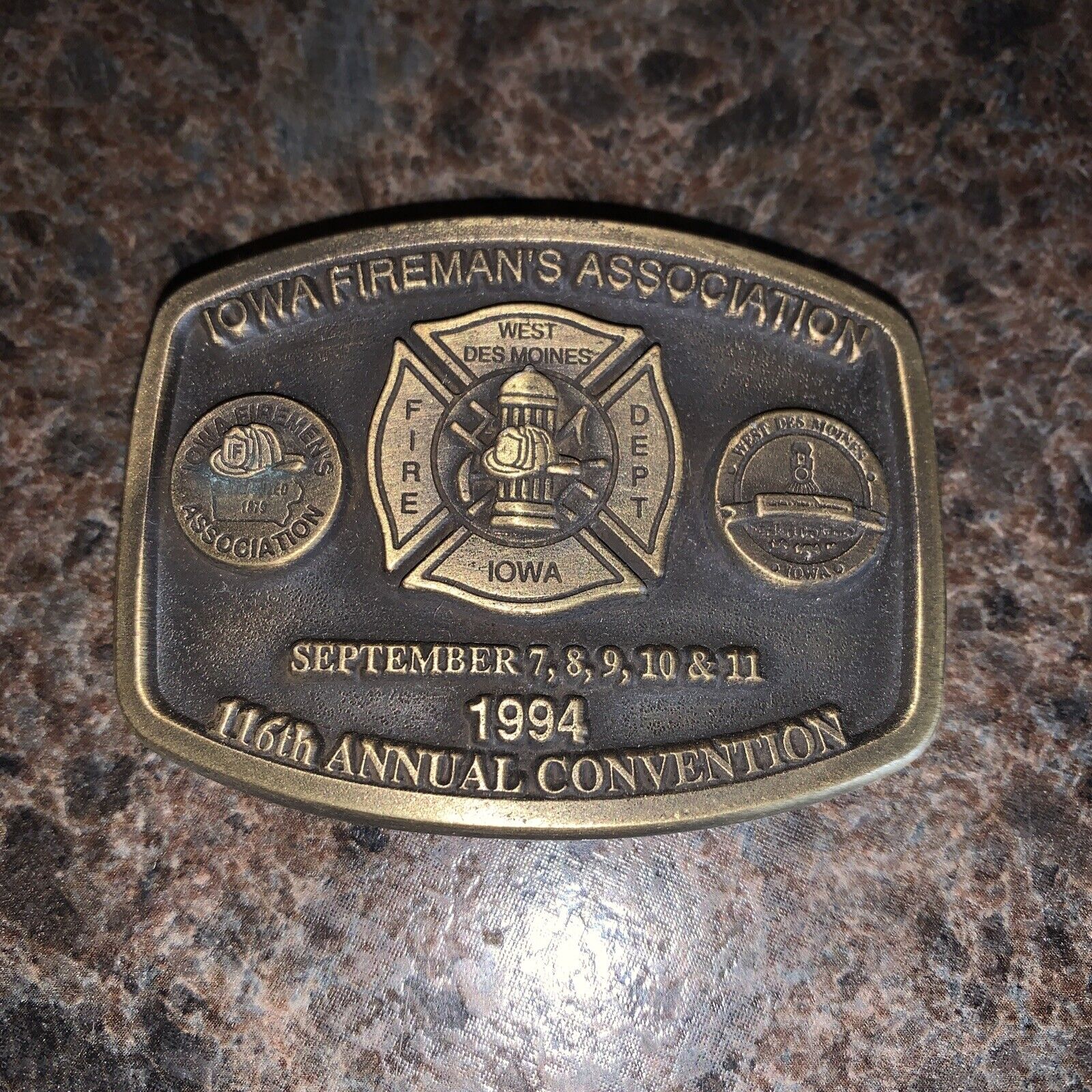 Vtg 1995 Iowa Fireman’s Association Belt Buckle 116th Convention 
