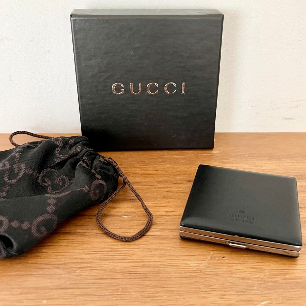 NIB Gucci Women's Black Folded Square Compact Pocket Makeup Purse Double Mirror 