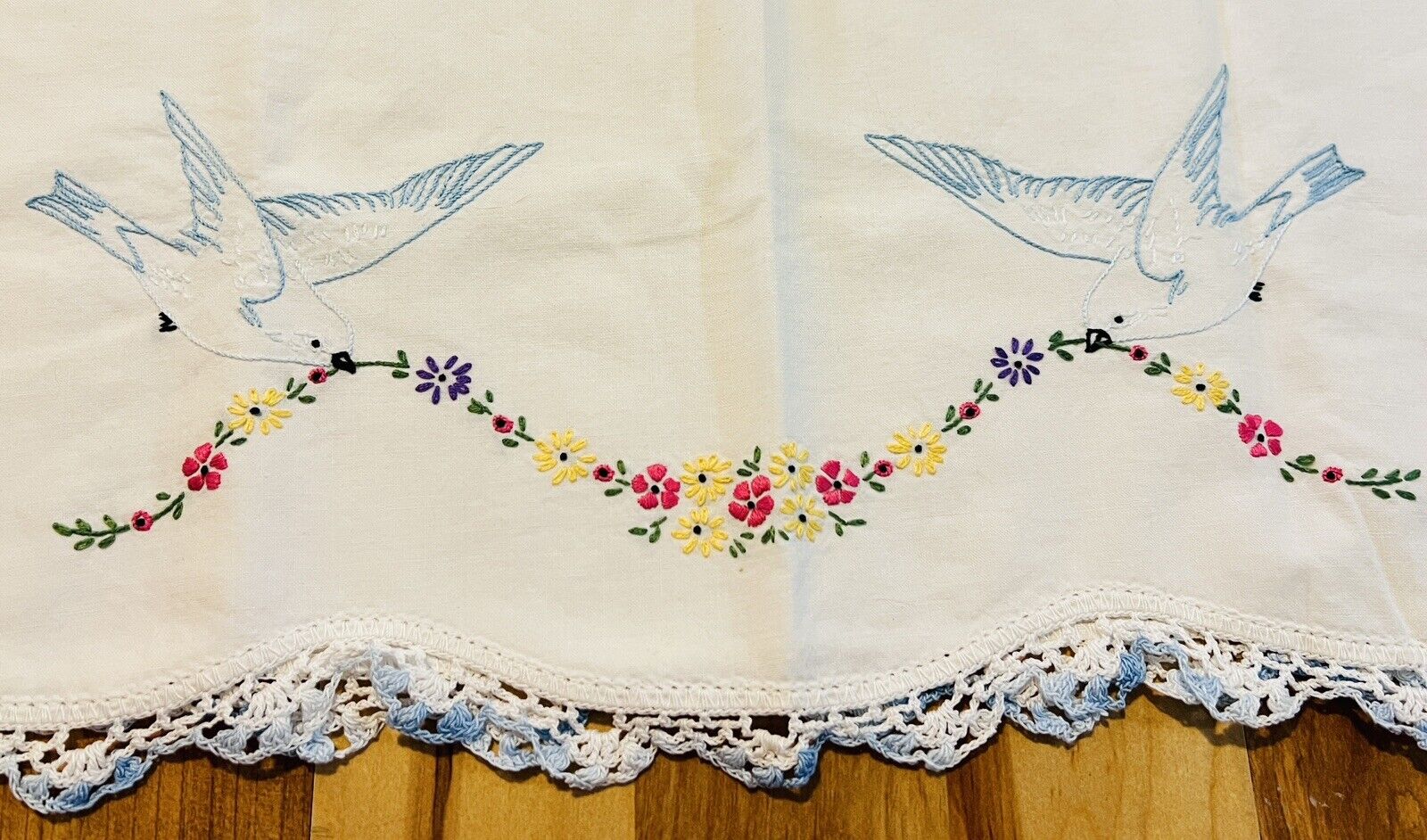 2 Vintage Handmade Embroidered Standard Pillowcases Birds And Flowers