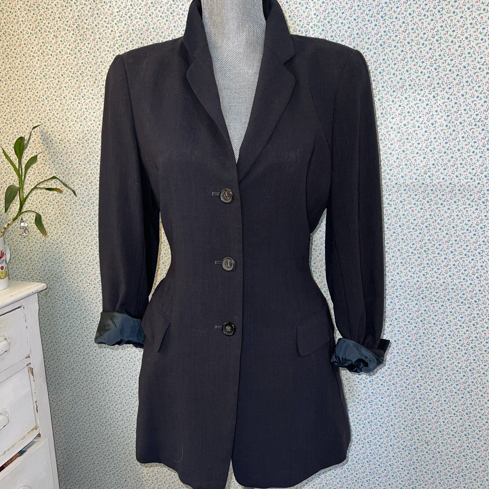 JIL SANDER Women\'s Dark Gray 3-Button Collared  Back Tie Long Blazer 38 Vintage