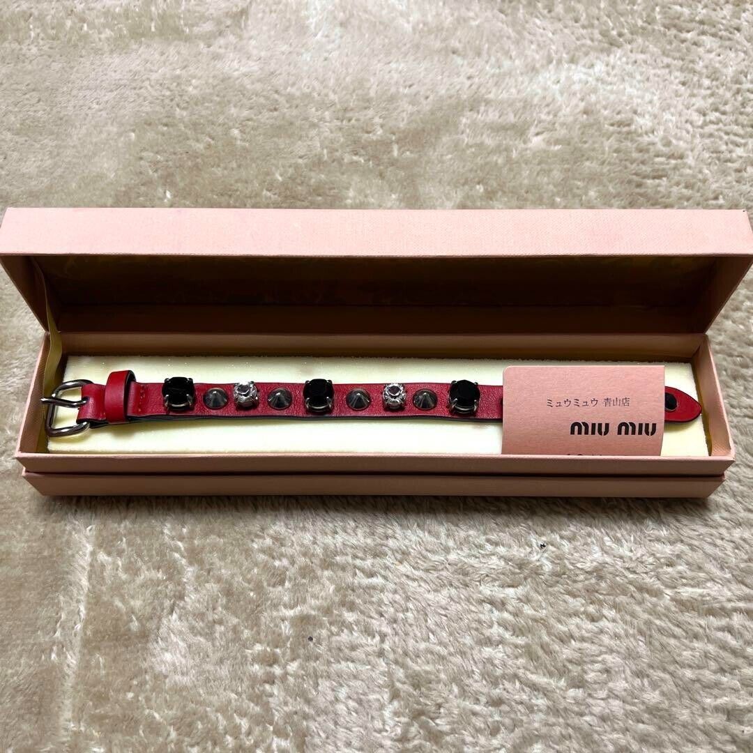 MIU MIU pink Leather Crystal Studded Bracelet Black Red Ladies Accessories Japan