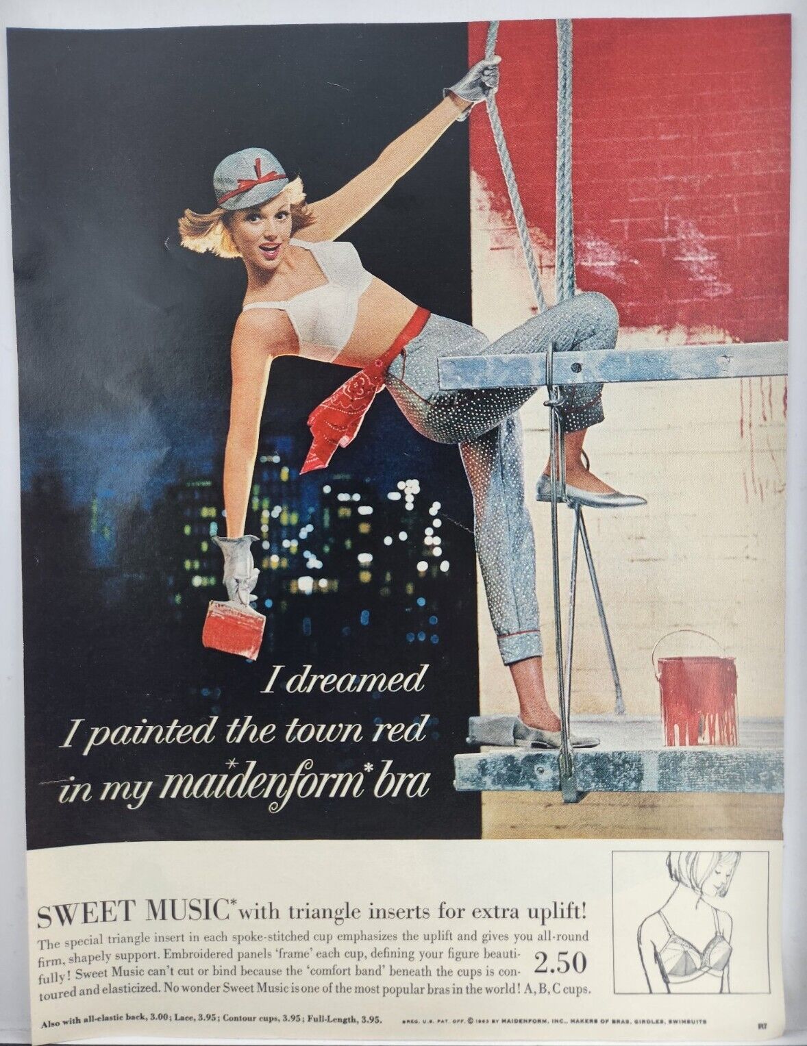 1963 Maidenform Bra Sexy Girl Paint The Town Red Print Ad Poster Man Cave 60\'s