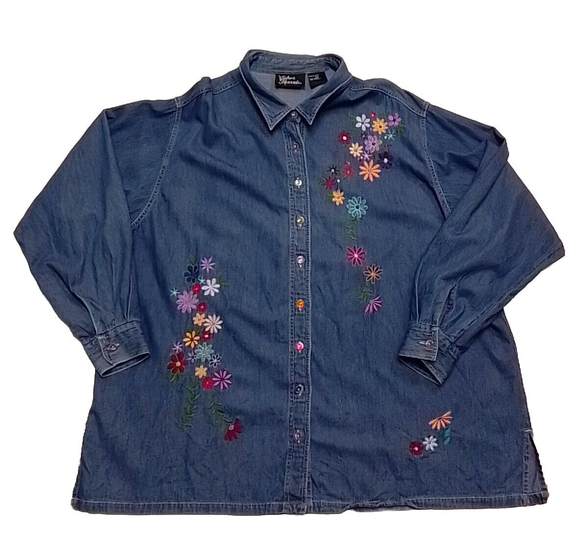 Silver Threads 3XL Denim Shirt Embroidered Embroidery Floral Flower