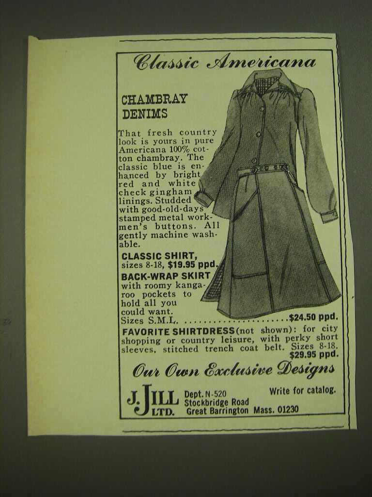1974 J. Jill Shirt and Skirt Advertisement - Classic Americana Chambray Denims