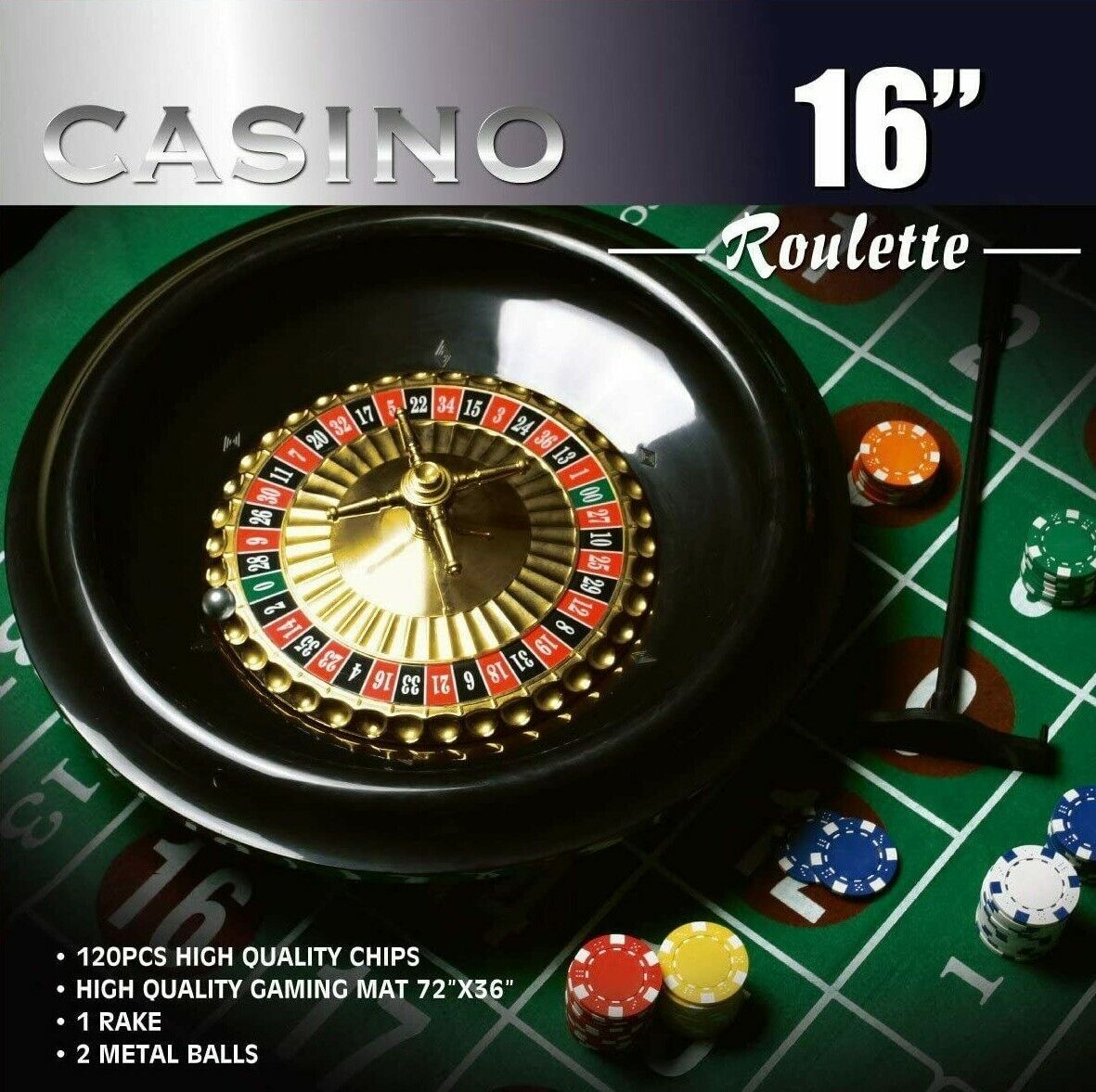 Open Box, 16 Inch Roulette Wheel Game Set w/Large Size Felt & Chips (Discounted)