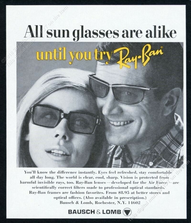 1967 Ray Ban sunglasses men\'s women\'s styles photo vintage print ad