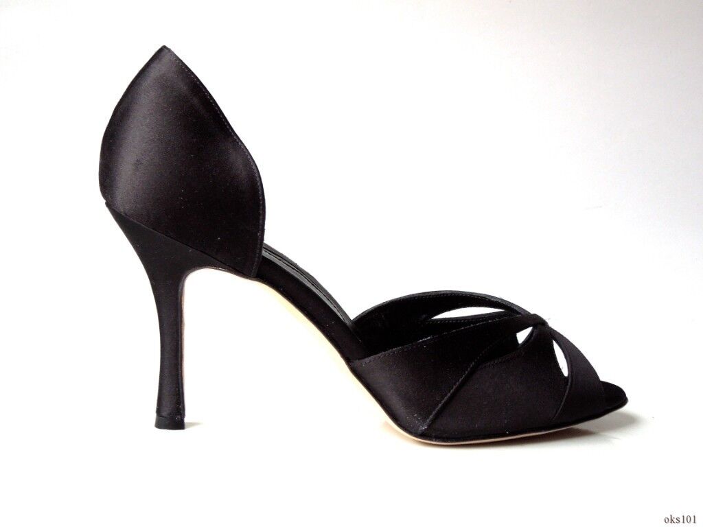 new $585 MANOLO BLAHNIK \'Butterflop\' black satin open-toe D\'orsay shoes 39.5 9.5