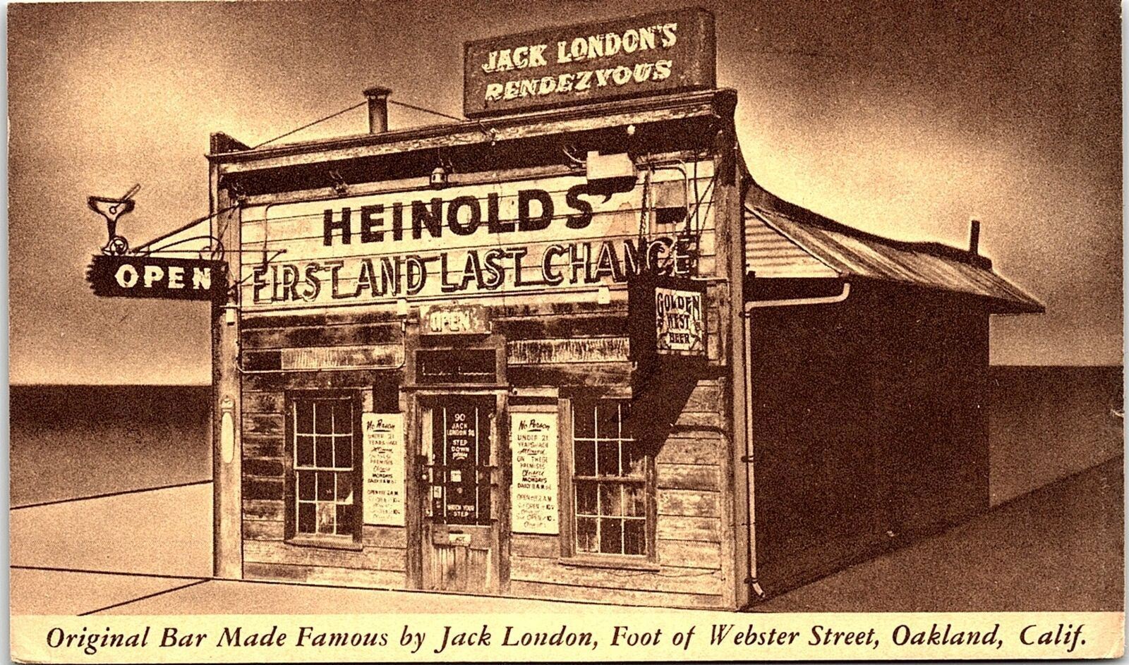 JACK LONDON HEINOLDS FIRST & LAST CHANCE SALOON OAKLAND CALF POSTCARD 42-52
