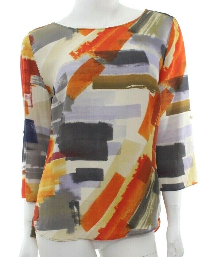 Akris Punto Women\'s 10 Orange Gray Blouse Top 100% Silk Artsy Abstract EUC