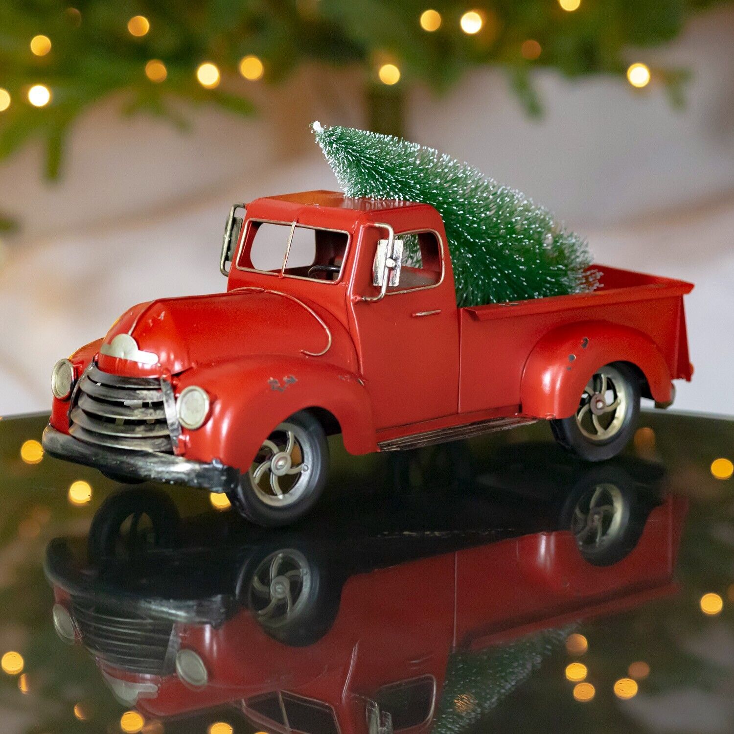 15 Inch Long Distressed Red Pickup Truck with Tree