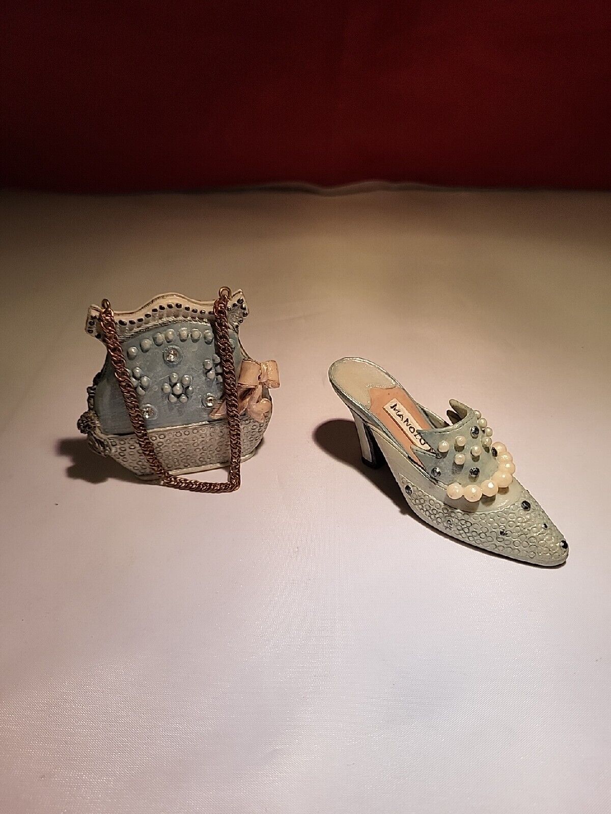 Manolo Blahnik Light Blue High Heel Shoe and Handbag Decorative Resin Figurines