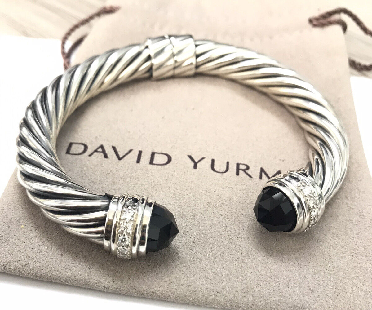 David Yurman Sterling Silver 10mm Cable Bracelet Black Onyx & Diamonds Size L