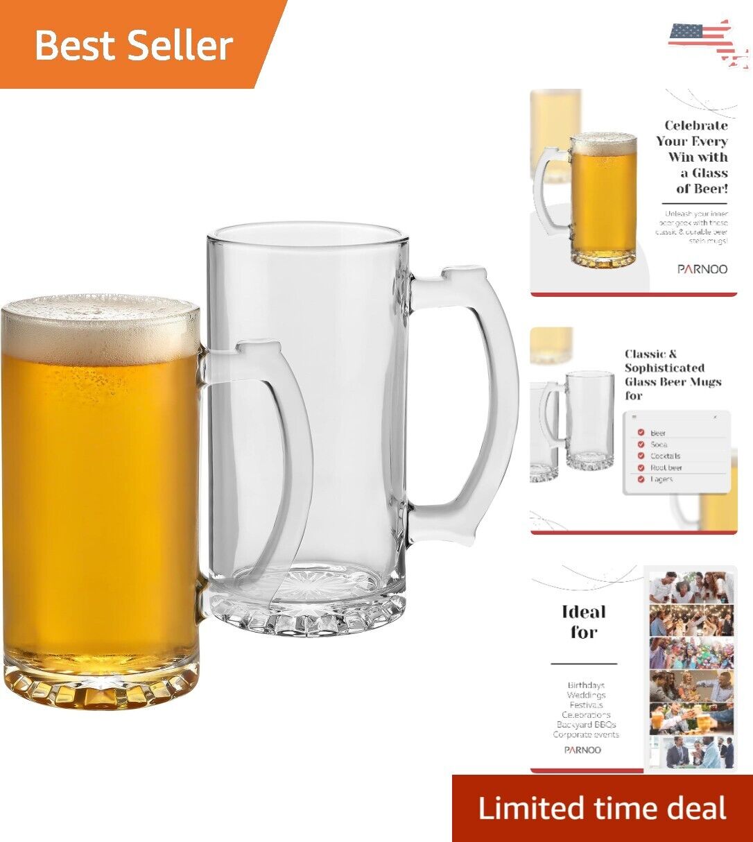 Set of 2 Premium German-Style Glass Beer Mugs - Freezable - Dishwasher-Safe