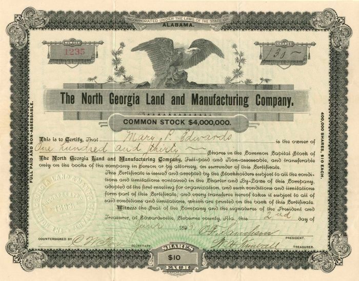 North Georgia Land and Manufacturing Co. - Stock Certificate - General Stocks